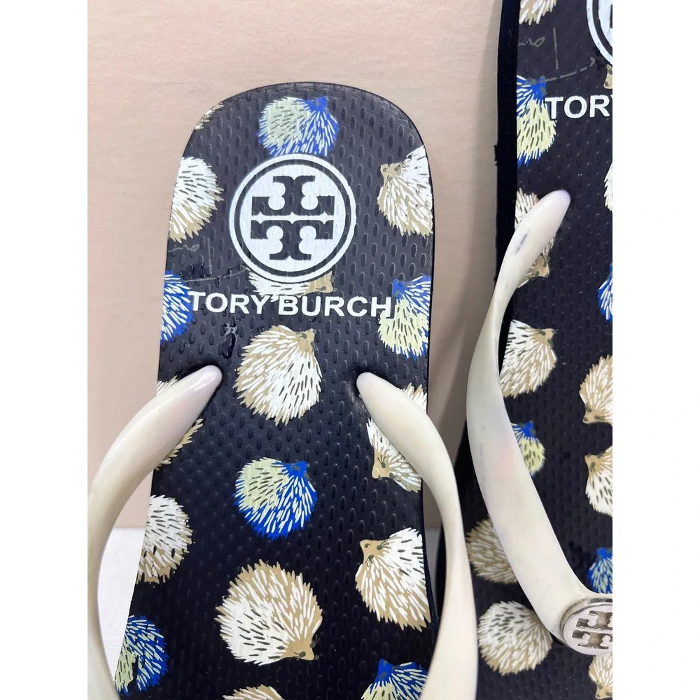 Tory Burch Flip Flop Sandals Womens 8 Black Hedgehog Print Good Casual Thong